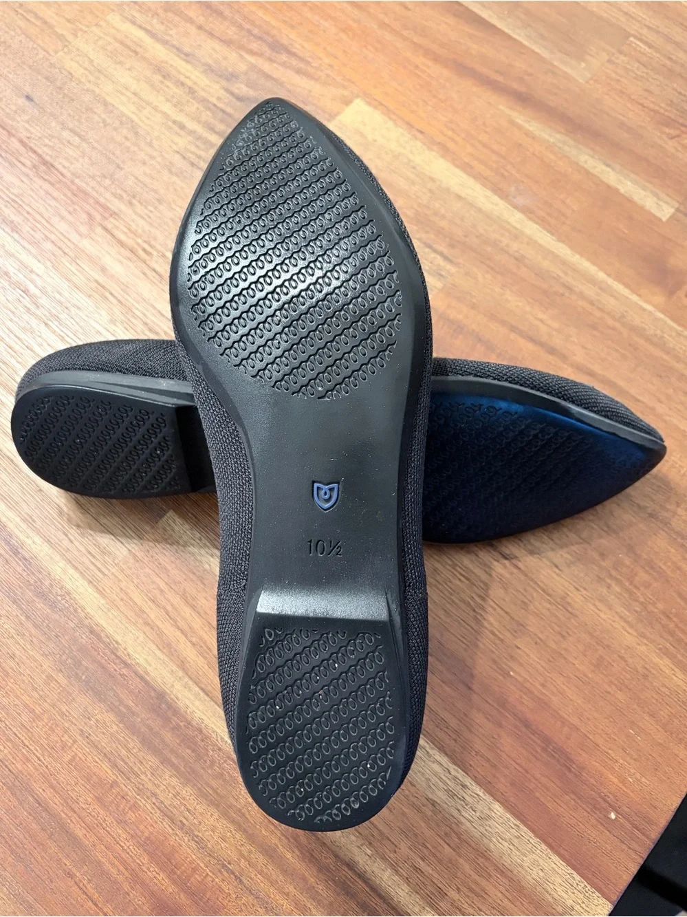 Rothy's Black Pointed Knit Flats with Blue Trim